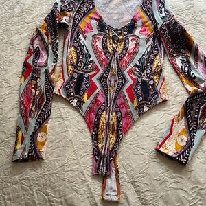 Free People Red and Orange Asymmetrical Bodysuit with Tie Front